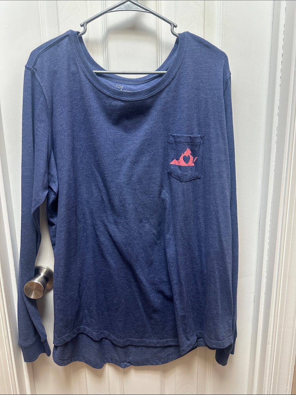 Long Sleeve Navy Pocket Tee with Coral Accent